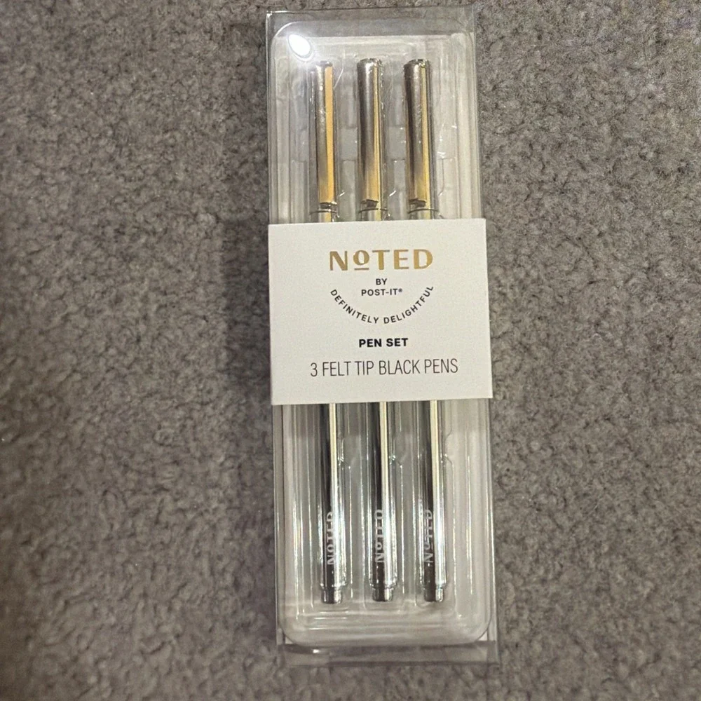 Noted By Post-it  3 Black Felt Tip Pens W/Metallic Silver Barrel